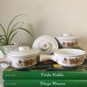 Set of 3 vintage white, orange and brown floral onion soup bowls or crocks